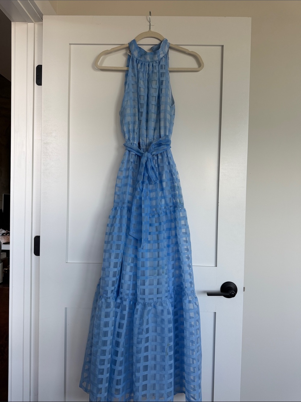 Hello Molly Sky Blue Gingham Halter Maxi Dress